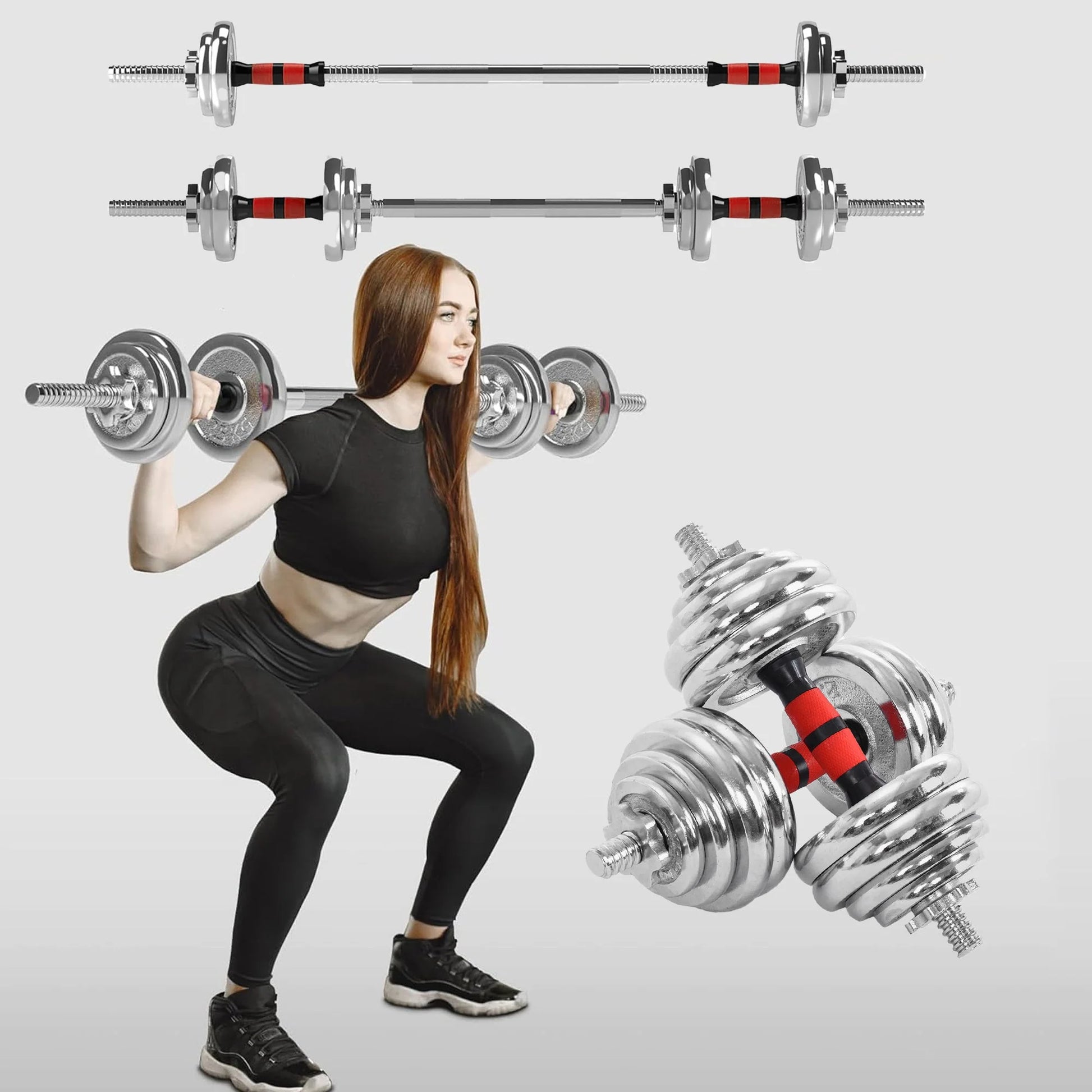 Woman exercising with adjustable dumbbells on a light gray background