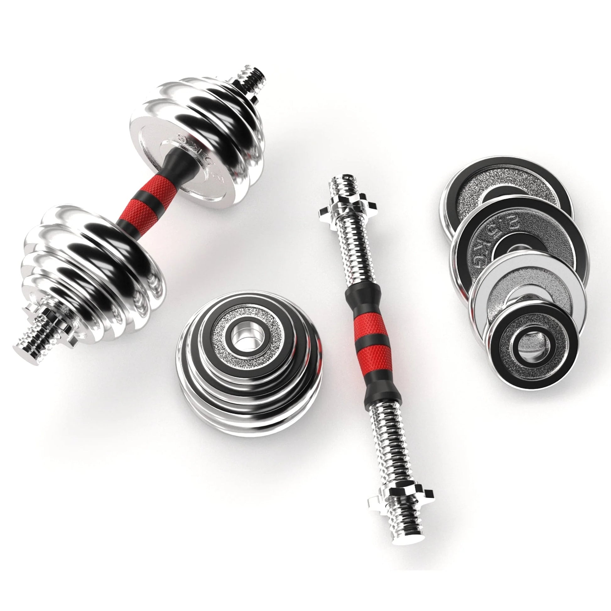 Dumbbell set with weight plates on a white background