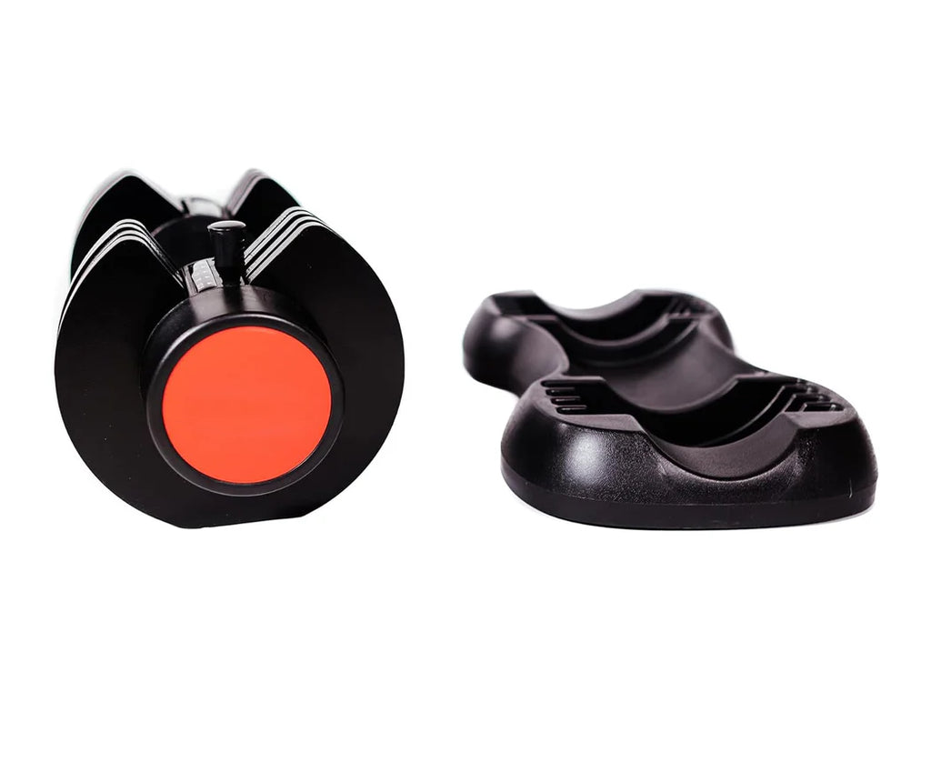 Black and orange device components on a white background
