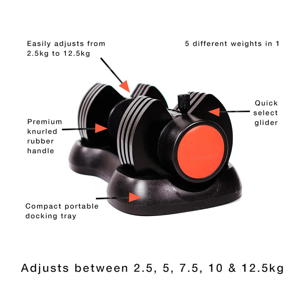 Pair of adjustable dumbbells with features highlighted on a white background
