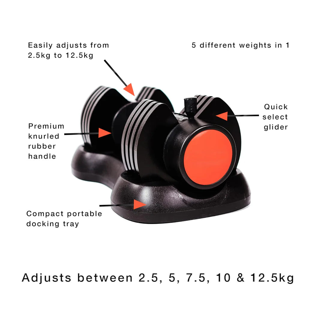 Pair of adjustable dumbbells with features highlighted on a white background
