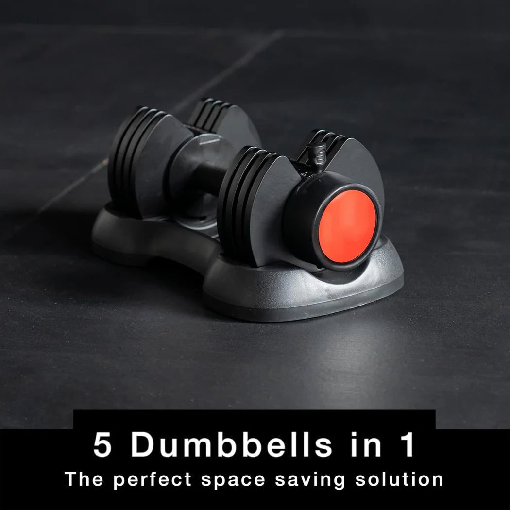 Black adjustable dumbbells with a red weight plate on a dark background, labeled '5 Dumbbells in 1'.