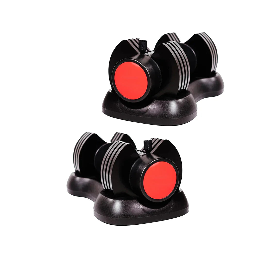 Pair of black and red dumbbells on a white background