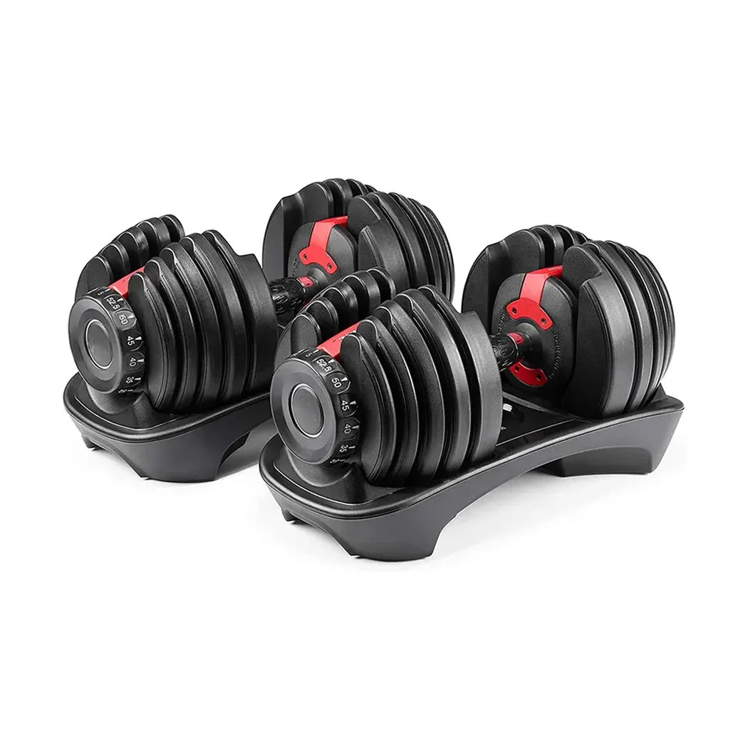 Pair of adjustable dumbbells on a white background