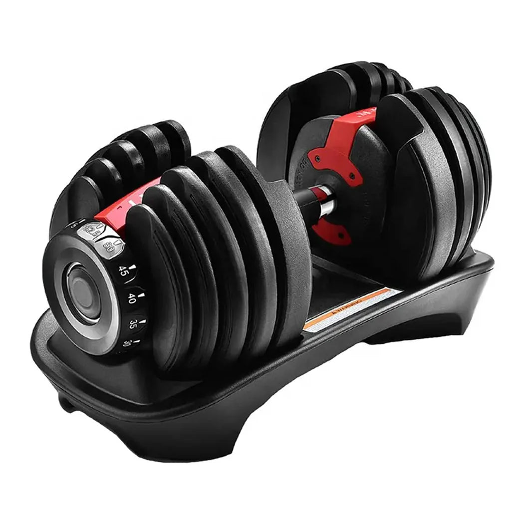 Pair of adjustable dumbbells on a white background
