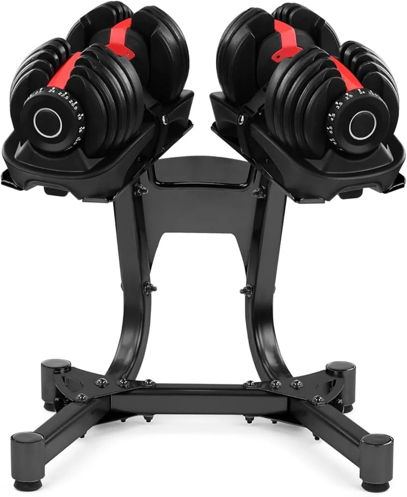 Pair of adjustable dumbbells on a black stand with red accents on a white background