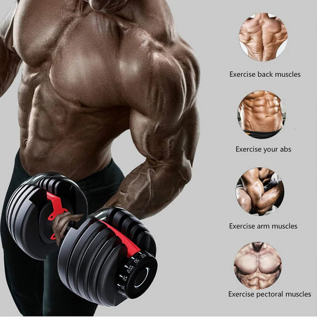 Muscular person holding adjustable dumbbells with icons showing muscle groups exercised.