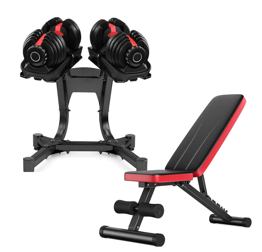 Pair of adjustable dumbbells with a weight rack and a red and black weight bench on a white background.