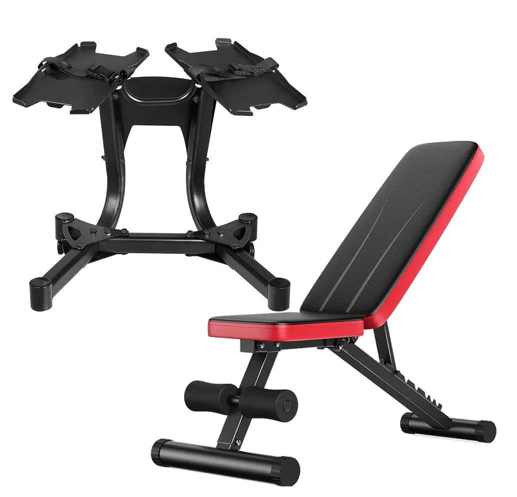 Black and red adjustable weight bench on a white background
