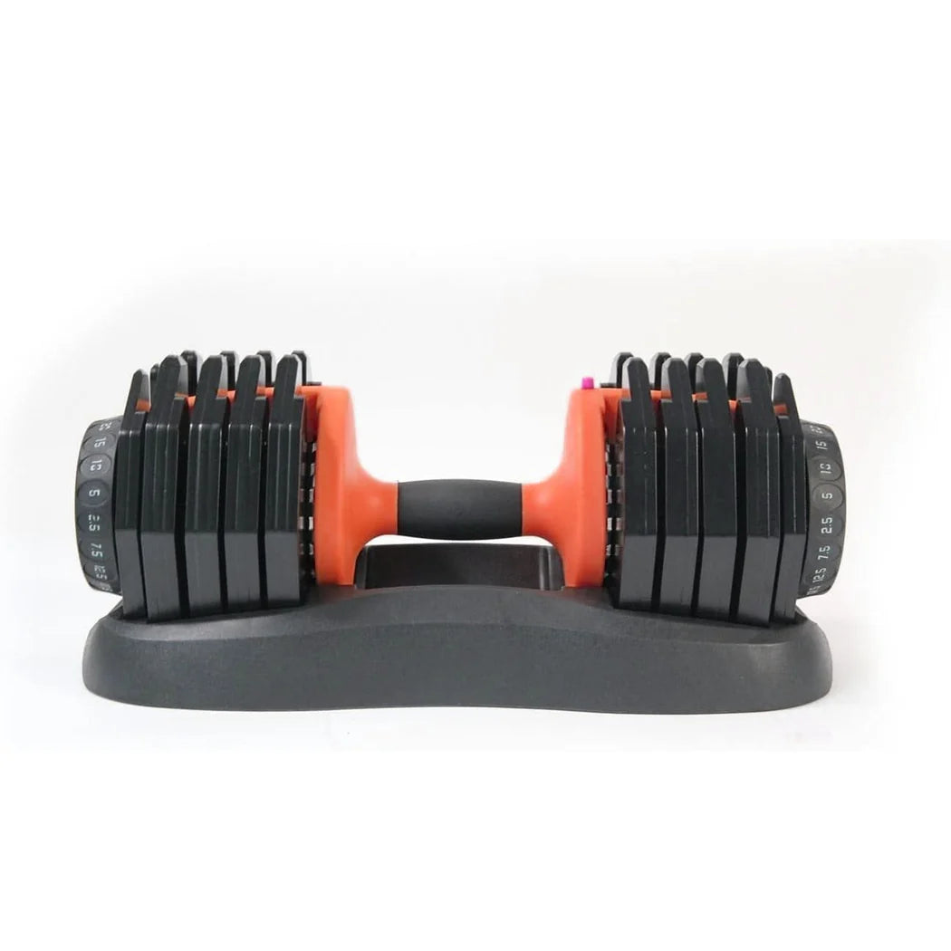 Pair of adjustable dumbbells on a white background