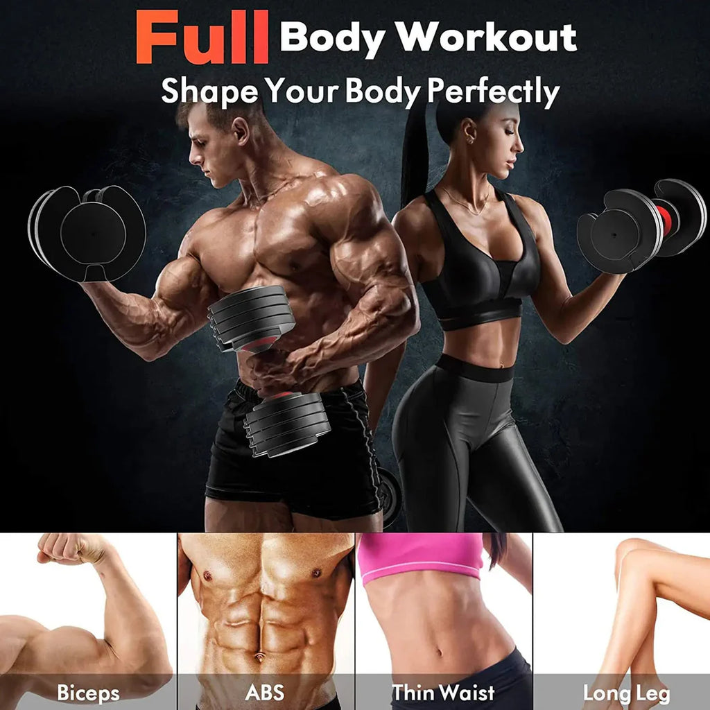 Two muscular individuals lifting weights with text about full body workout and body parts.