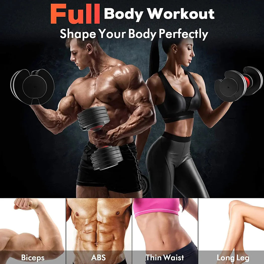 Two muscular individuals lifting weights with text about full body workout and body parts.
