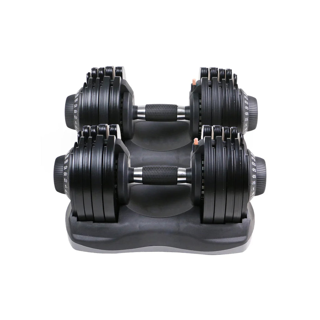 Pair of adjustable dumbbells on a white background