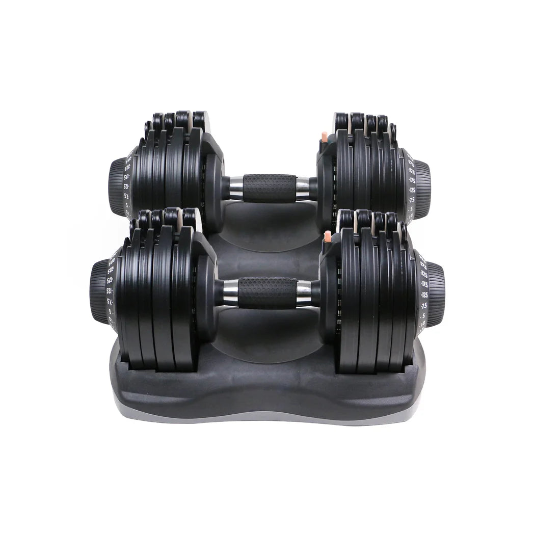 Pair of adjustable dumbbells on a white background