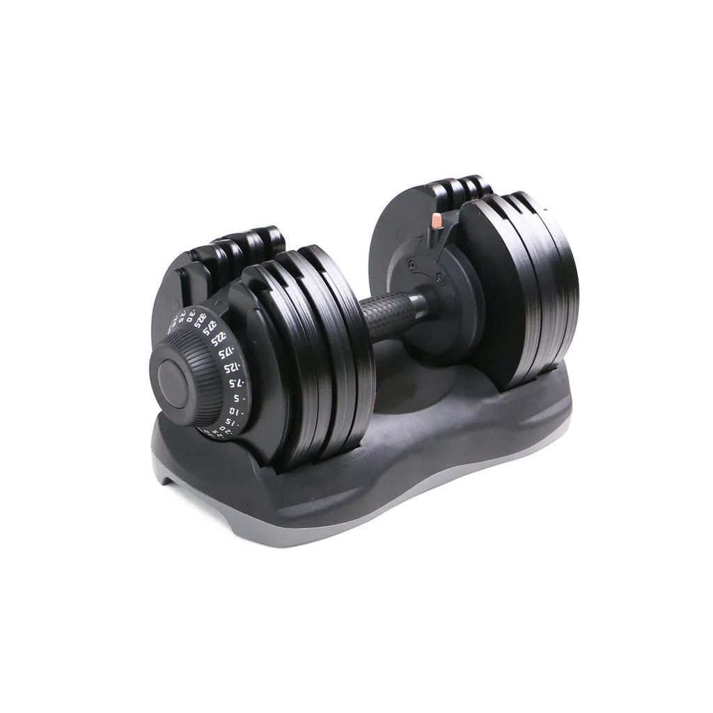 Pair of adjustable dumbbells on a white background