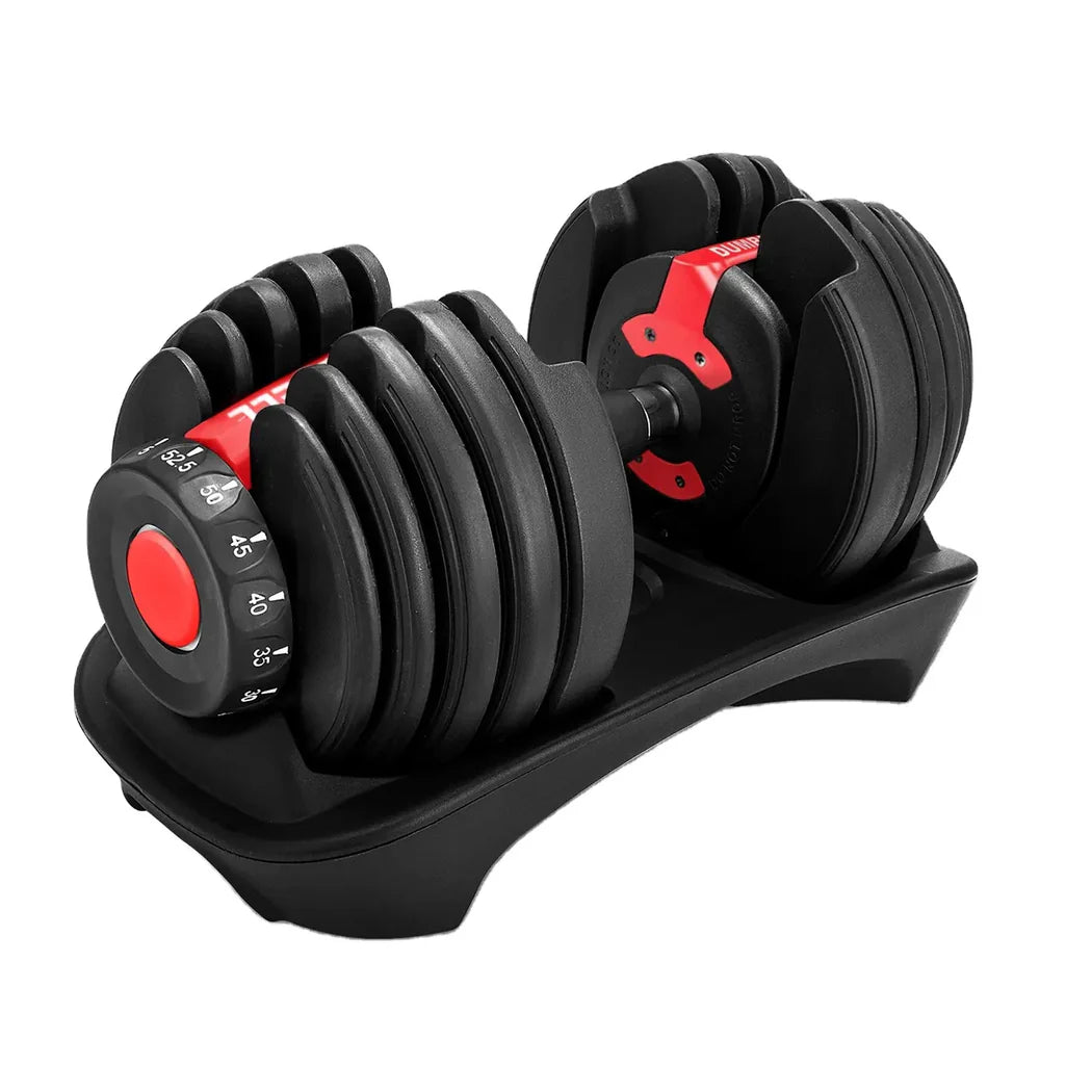Pair of adjustable dumbbells on a white background