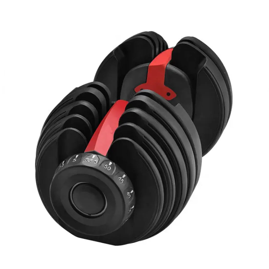 Set of adjustable dumbbells with black and red design on a white background