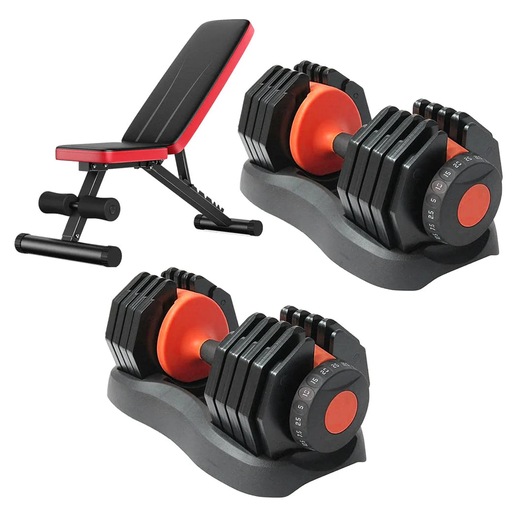 Pair of adjustable dumbbells with a weight bench on a white background