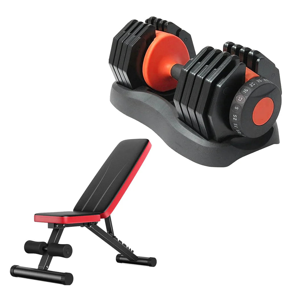 Pair of adjustable dumbbells and a weight bench on a white background