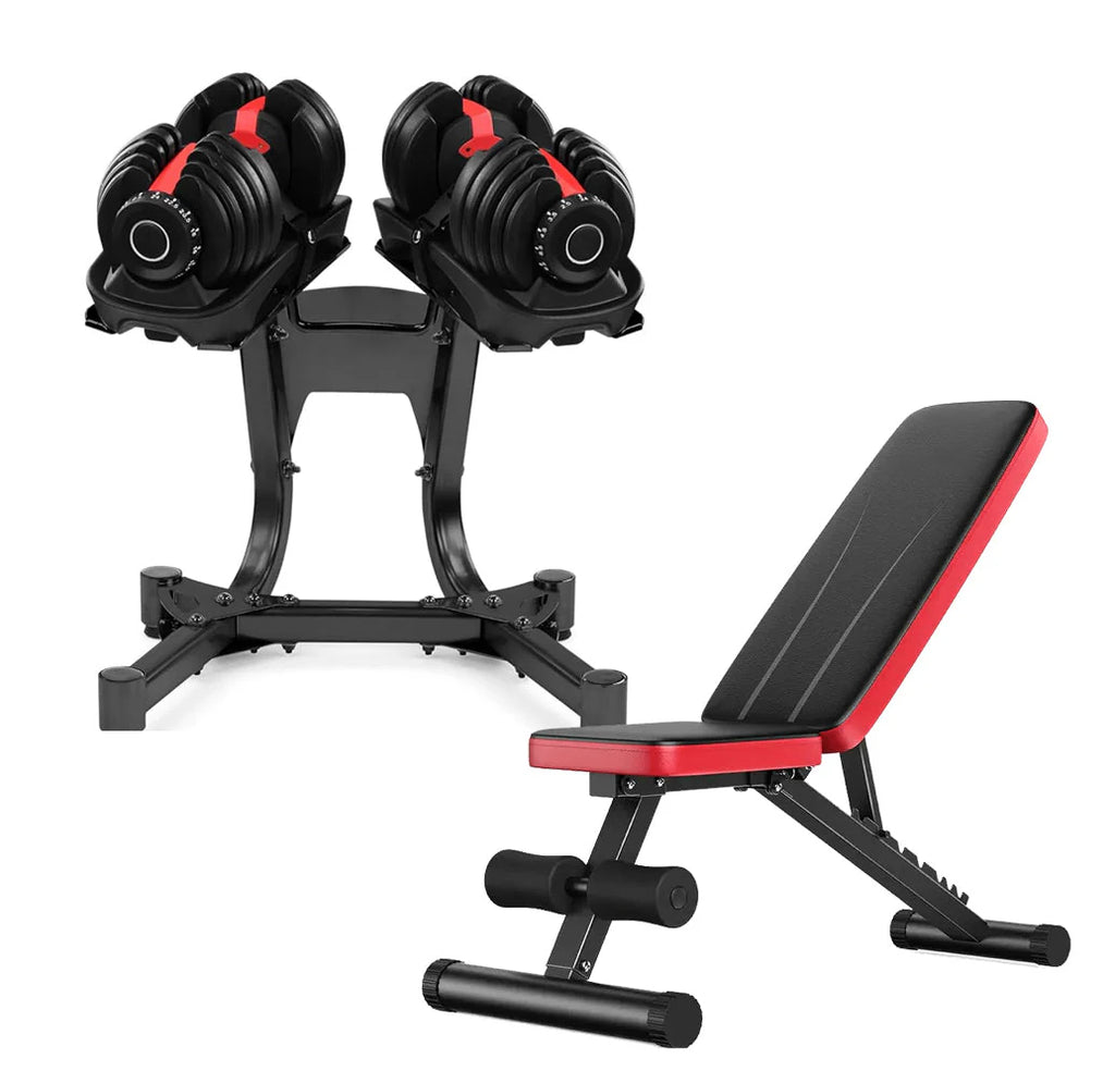 Pair of adjustable dumbbells with a weight rack and a red and black weight bench on a white background.