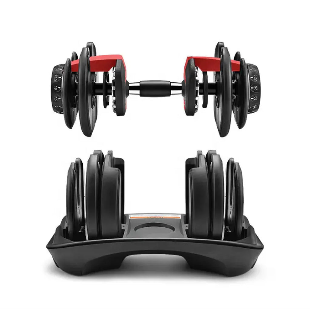 Pair of adjustable dumbbells with a stand on a white background