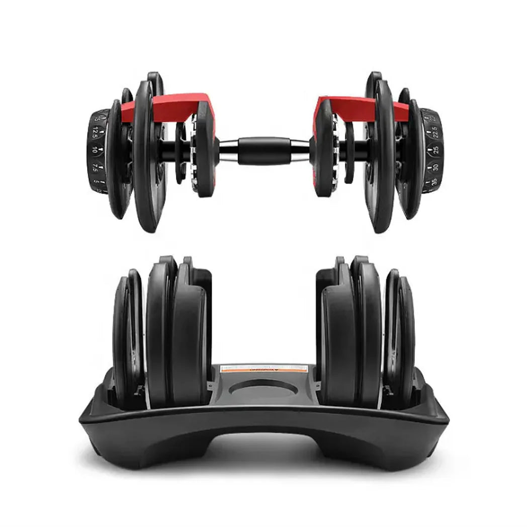 Pair of adjustable dumbbells with a stand on a white background