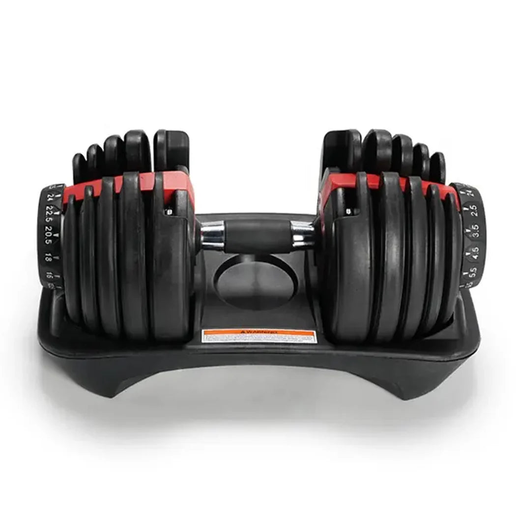 Pair of adjustable dumbbells on a white background