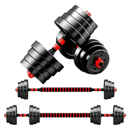 Set of adjustable dumbbells with black and red design on a white background