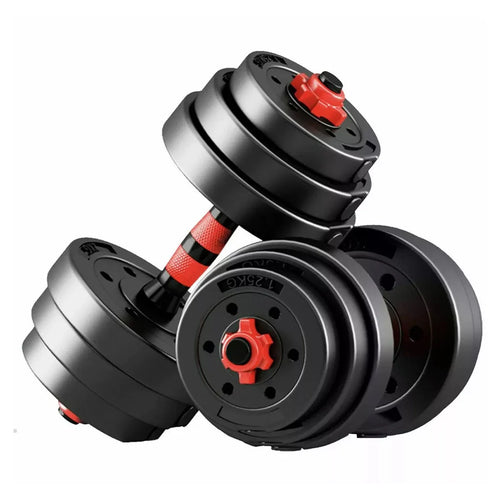 Pair of adjustable dumbbells with black and red design on a white background
