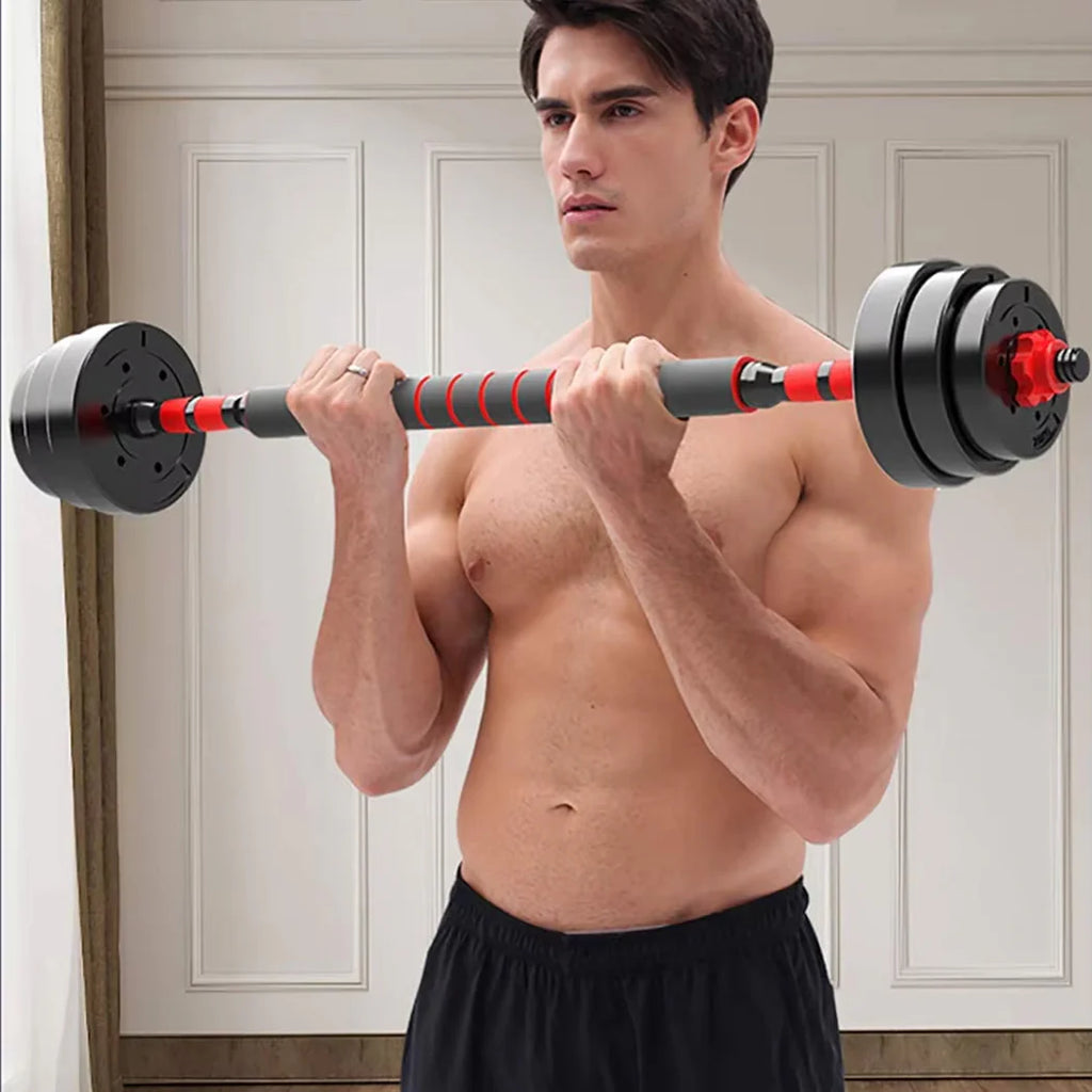 Man lifting a barbell in a home setting