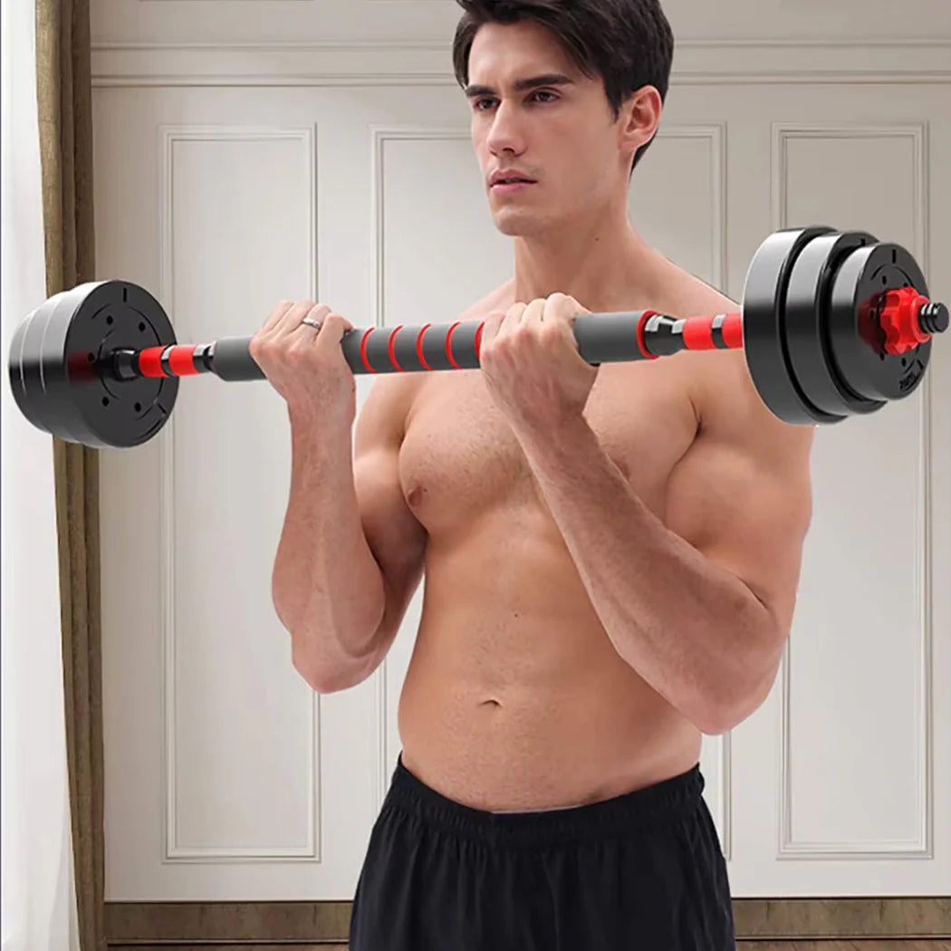 Man lifting a barbell in a home setting
