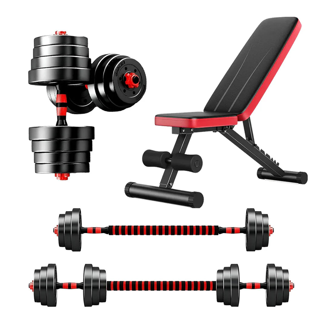 Set of adjustable dumbbells and a weight bench on a white background