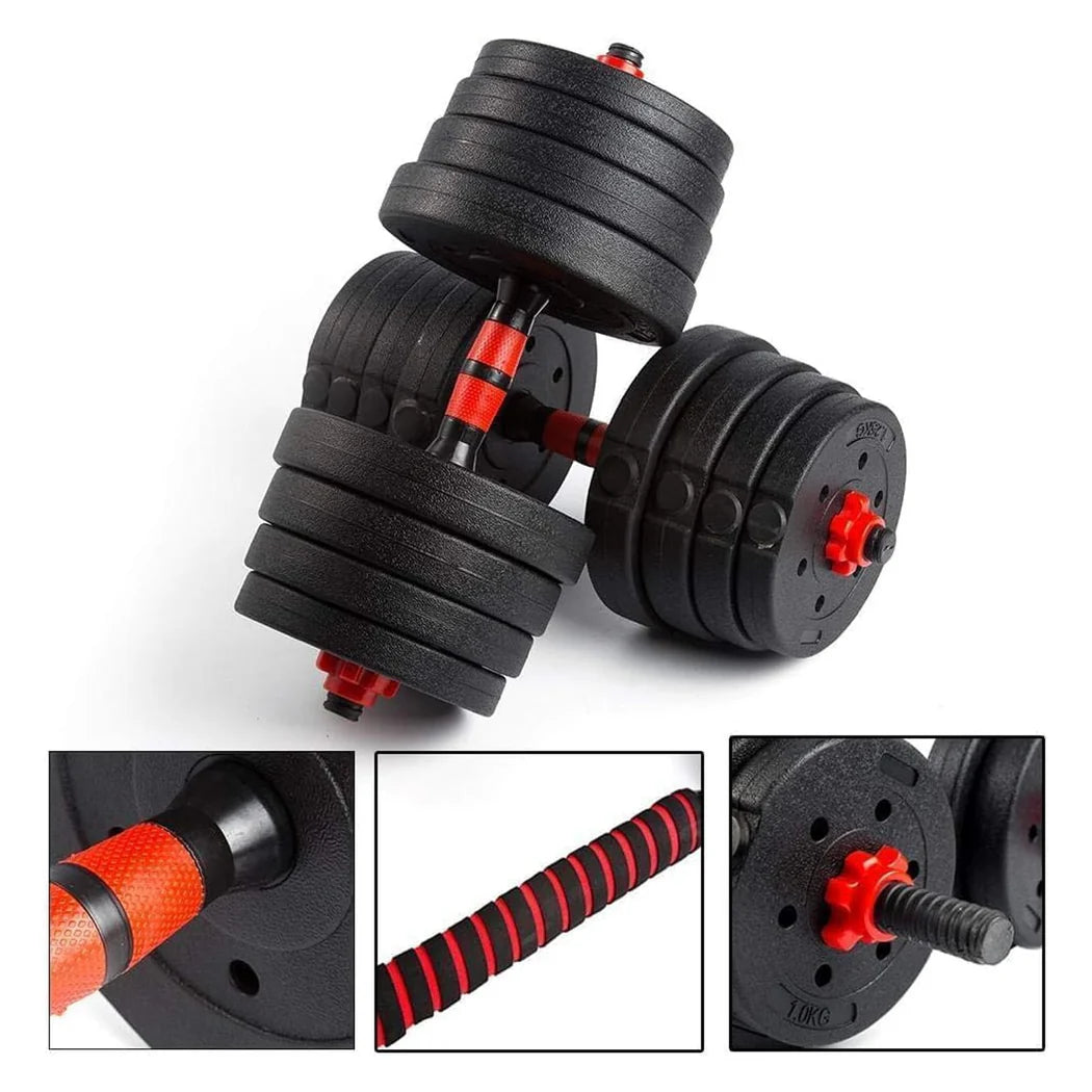 Pair of adjustable dumbbells with close-up insets on a white background