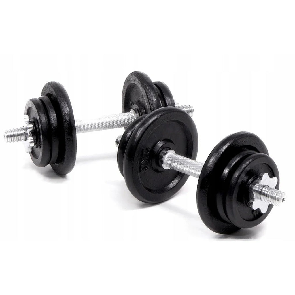 Pair of black dumbbells with weight plates on a white background