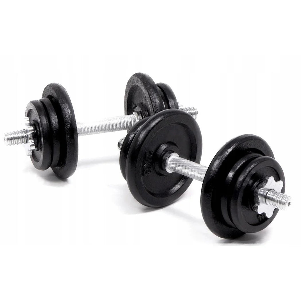 Pair of black dumbbells with weight plates on a white background