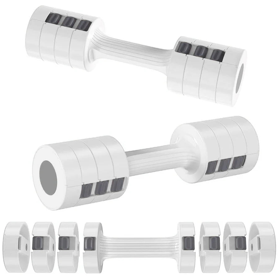 Pair of adjustable dumbbells with weight attachments on a white background
