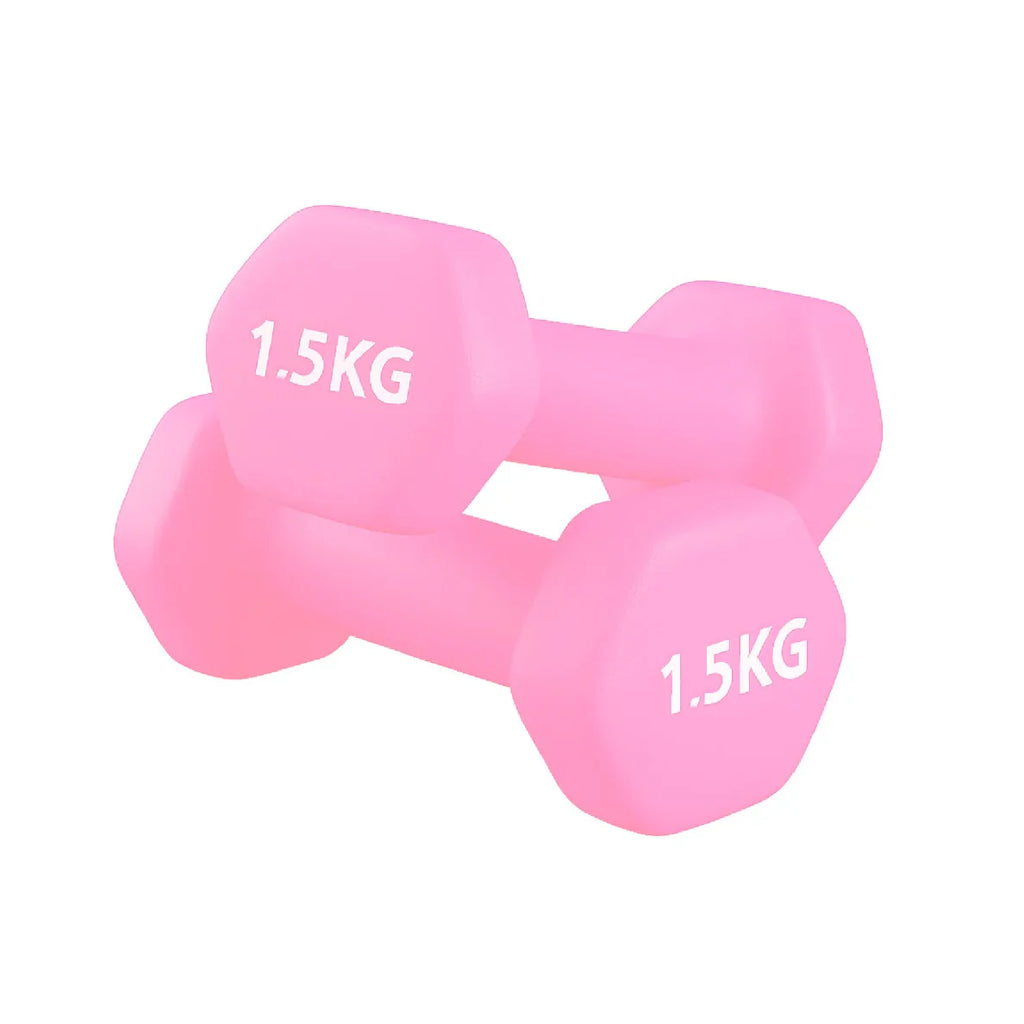 Pair of pink 1.5KG dumbbells on a white background