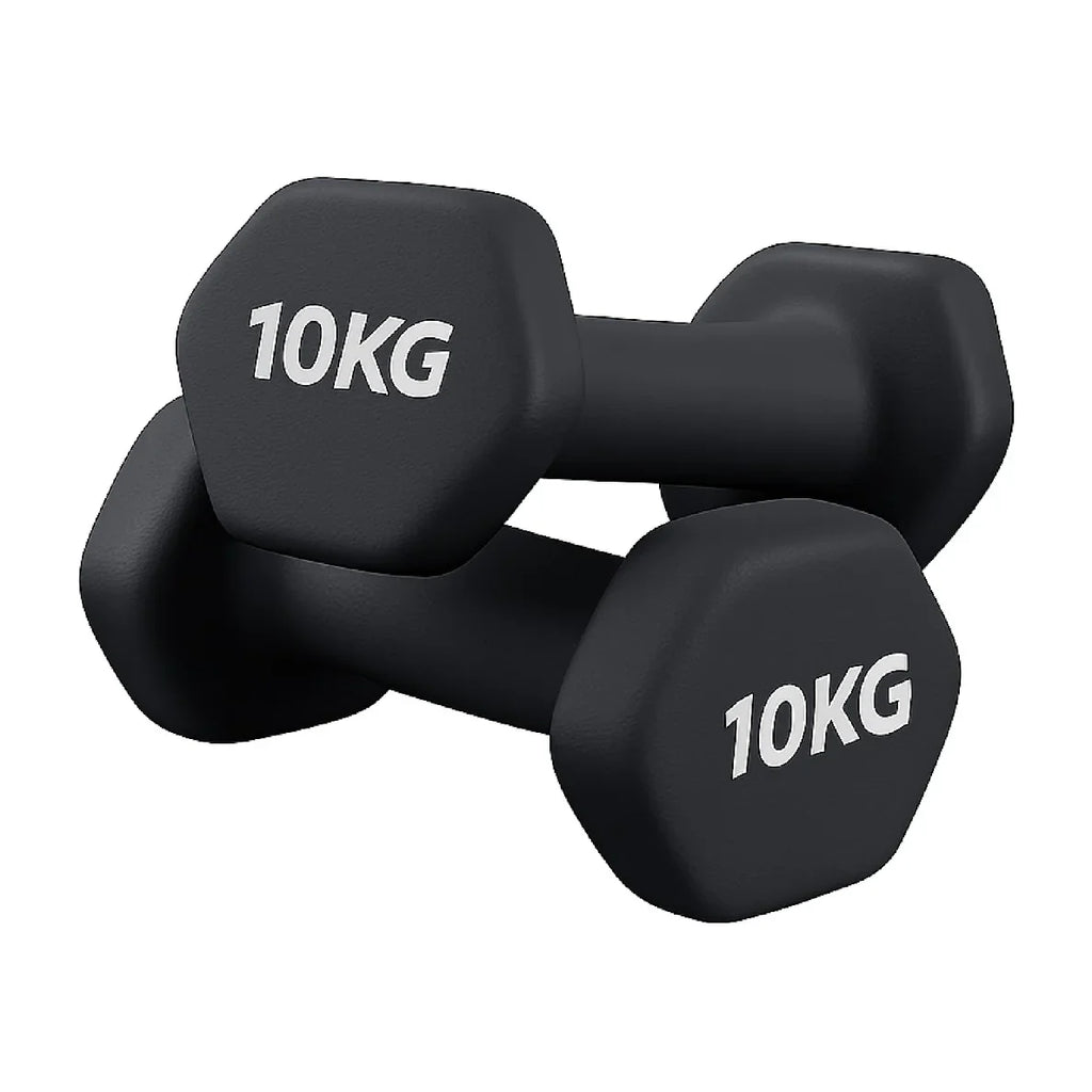Pair of black 10KG dumbbells on a white background