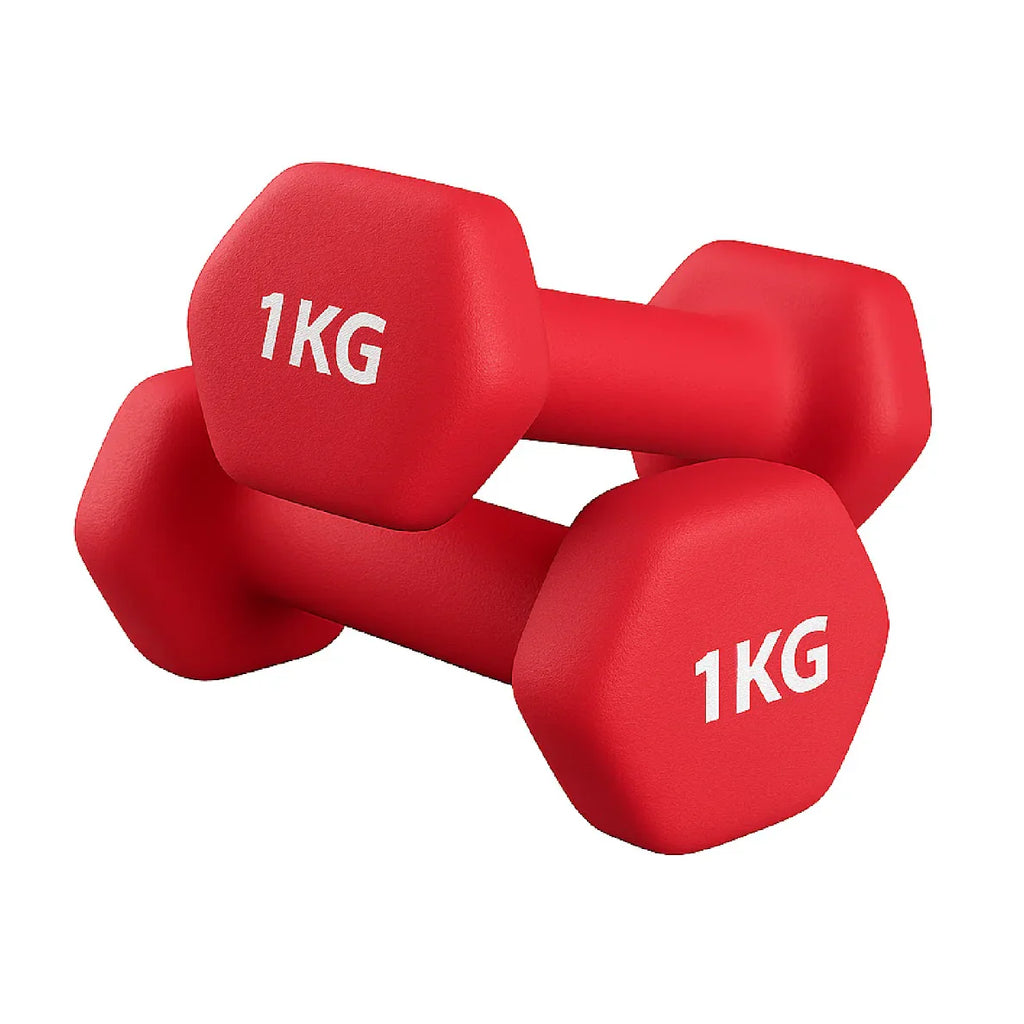Pair of red 1KG dumbbells on a white background