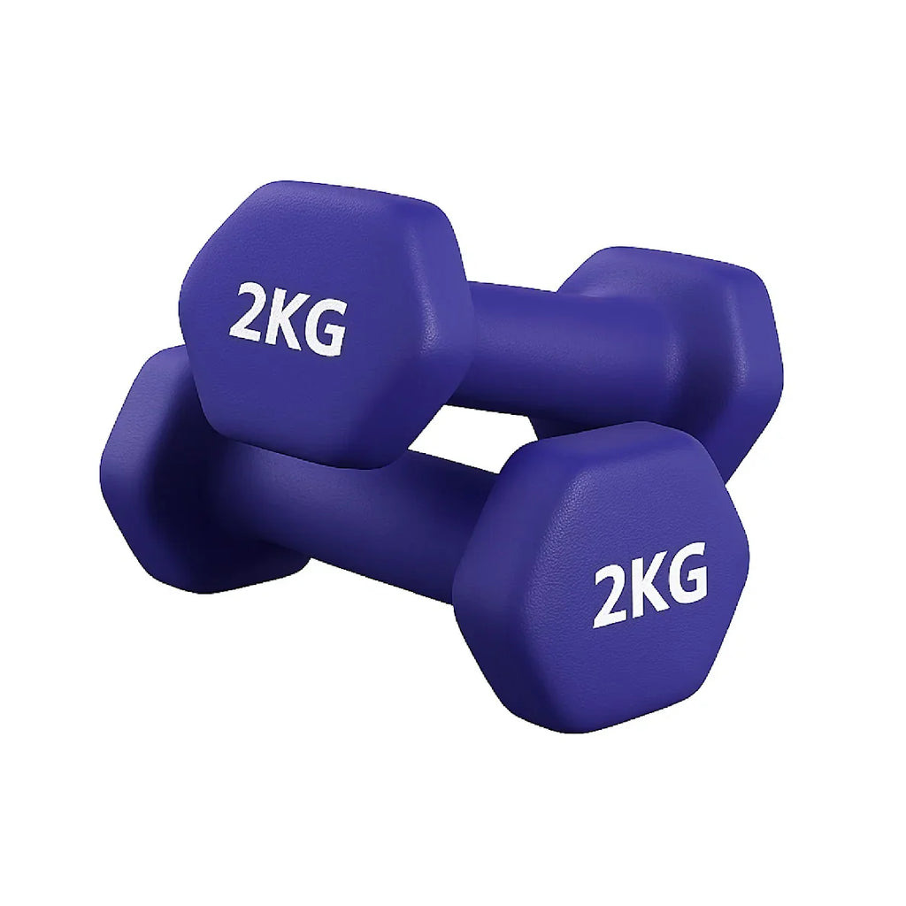 Pair of purple 2KG dumbbells on a white background