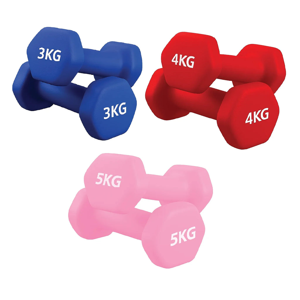 Set of blue, red, and pink dumbbells with weight markings on a white background