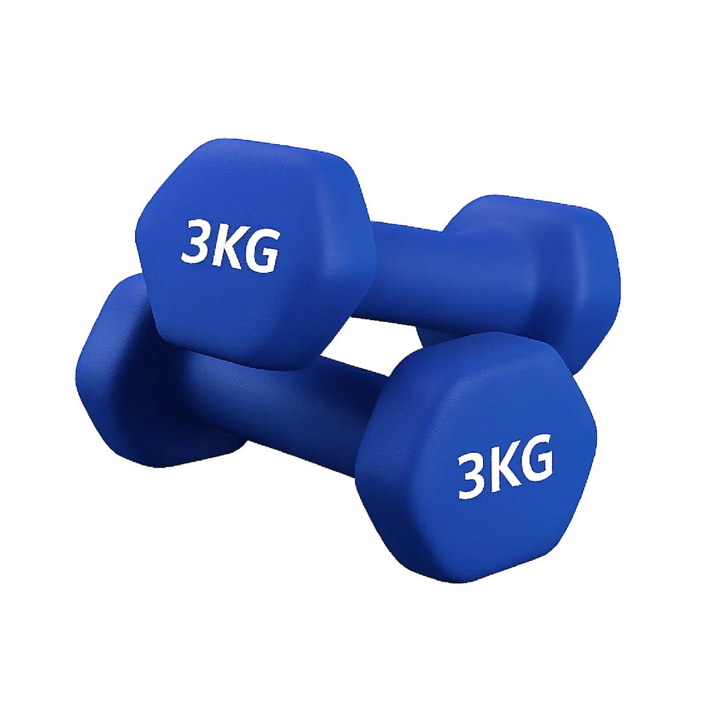 Pair of blue 3KG dumbbells on a white background