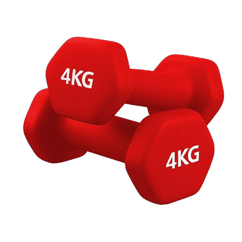 Pair of red 4KG dumbbells on a white background