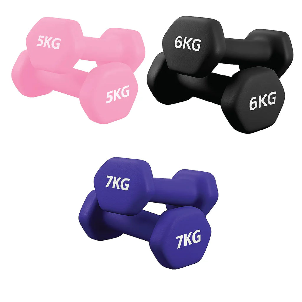 Set of three dumbbells in pink, black, and purple with weight markings on a white background