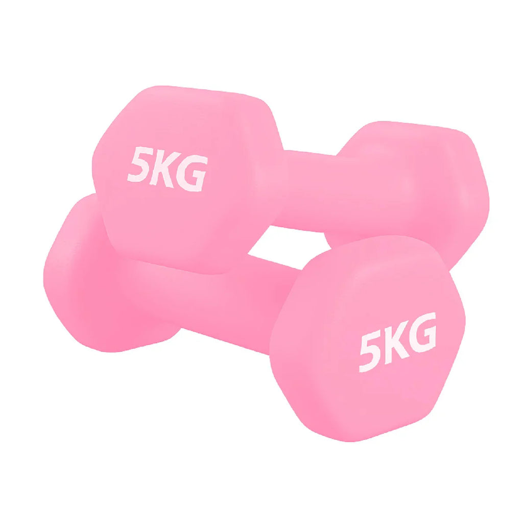 Pair of pink 5KG dumbbells on a white background