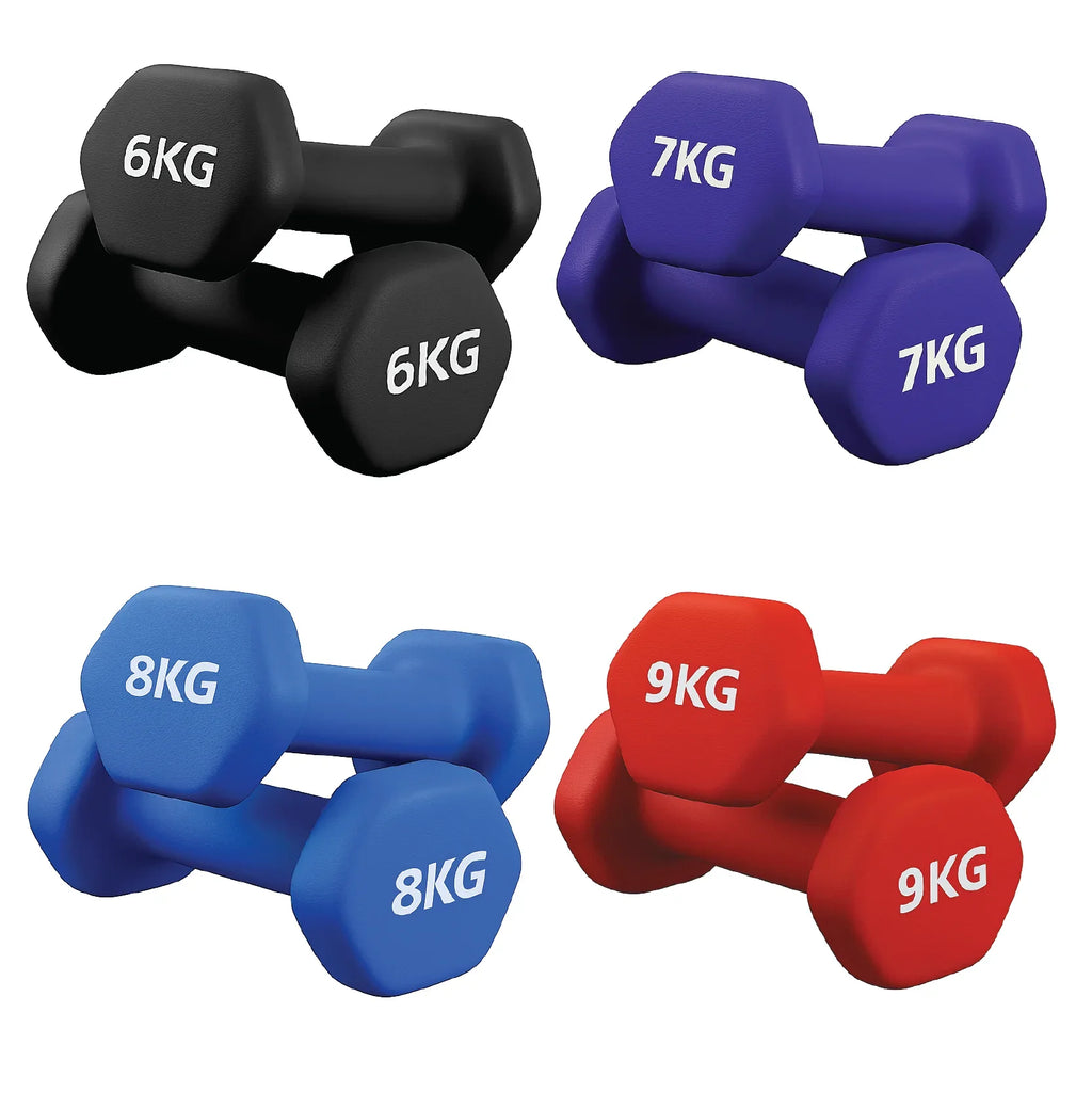 Set of four dumbbells in black, blue, red, and purple with weight markings on a white background.