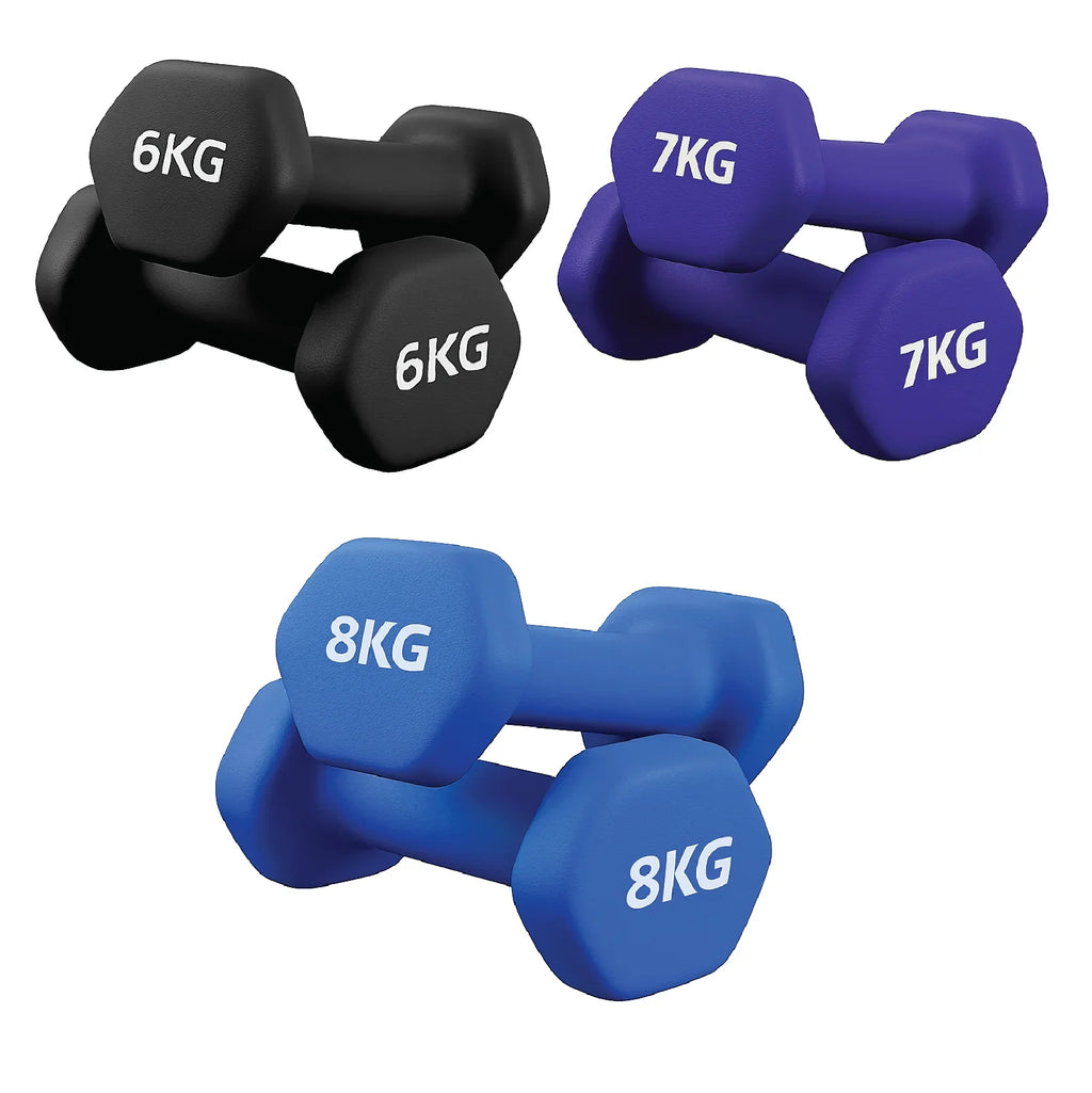 Set of black, blue, and purple dumbbells with weight markings on a white background