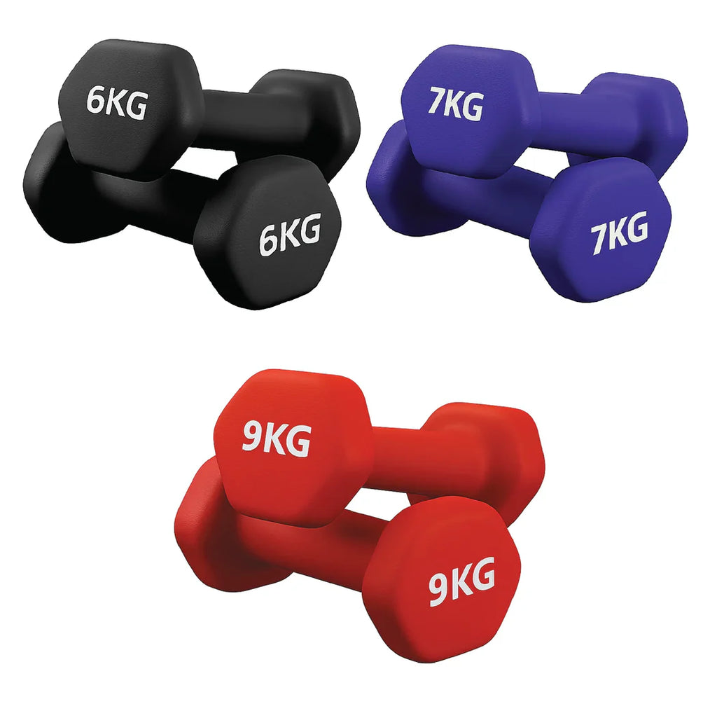 Set of three dumbbells with weights 6KG, 7KG, and 9KG on a white background
