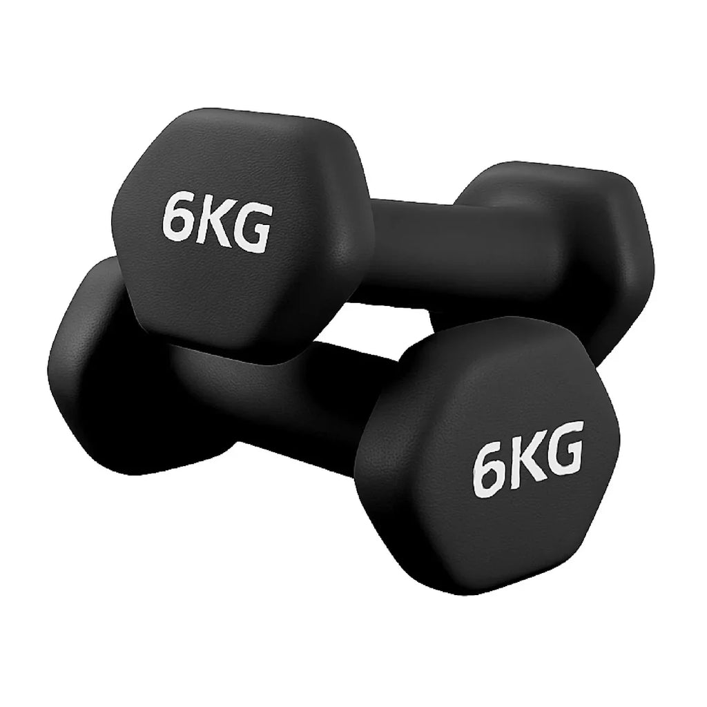 Pair of black 6KG dumbbells on a white background