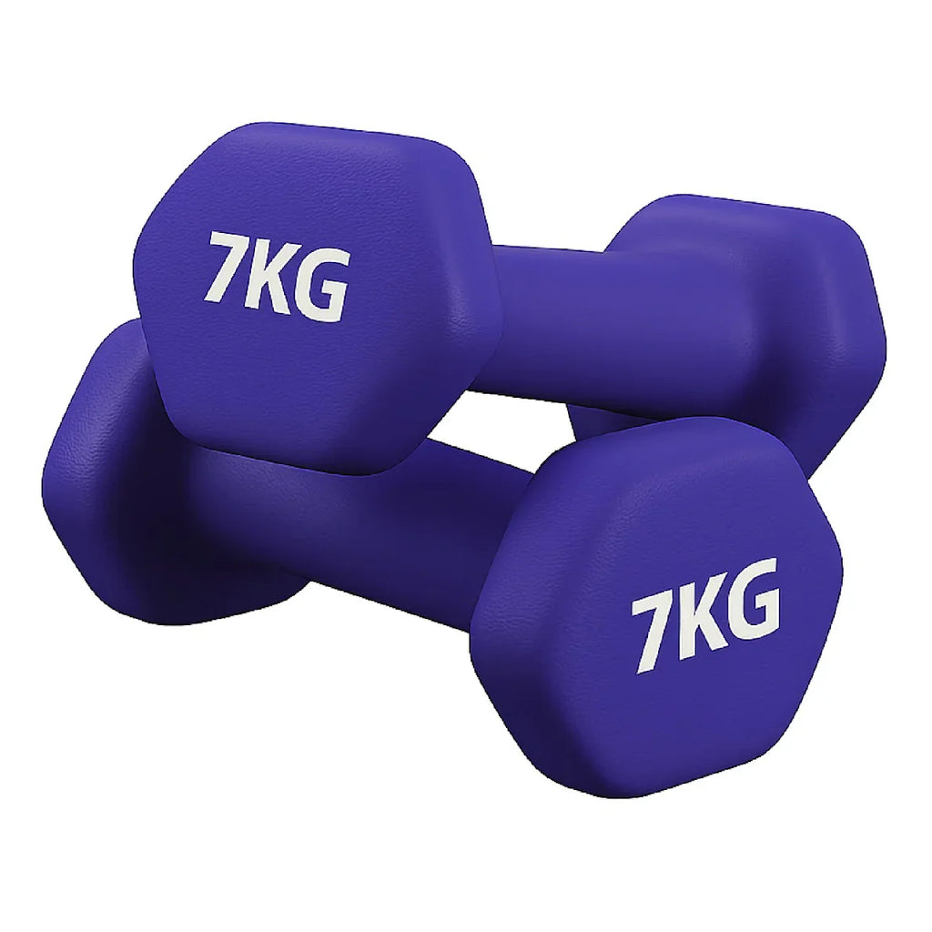 Pair of purple 7KG dumbbells on a white background